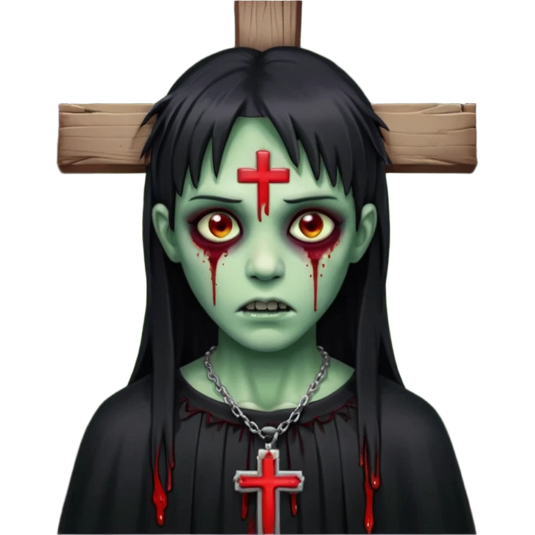 zumbi verde com olhos vermelhos sangrando e franja roupa preta e um crucifixo como colar emoji