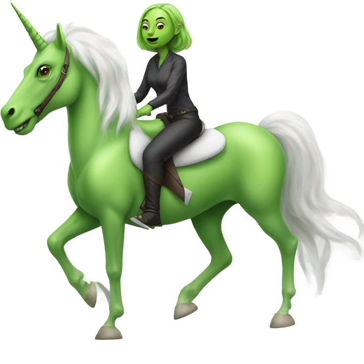 a green amazon alien woman on a four-legged white unicorn emoji