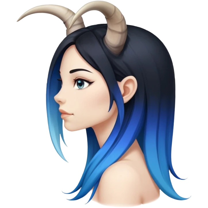 Art of woman's very sexy body scheme anatomy-very long straight black to blue hair ombre-right other side view-small goat horns emoji