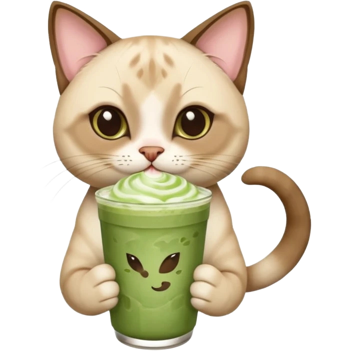 Happy Siamese Cat holding in its paws an iced matcha latte emoji