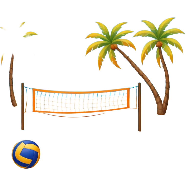 The scene captures a sunny sea beach atmosphere with clear blue sea and sky, palm trees swaying, and people in swimsuits enjoying the vibrant surroundings. A volleyball resting on the orange sand ground of a beach, with a volleyball net in the background.  emoji