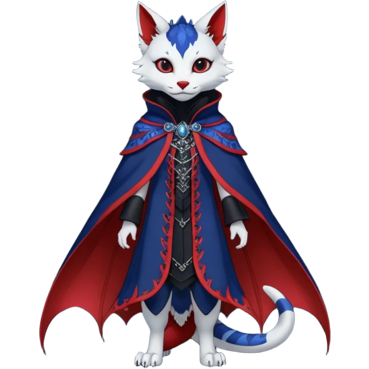 Kawaii gothic badass black, red, indigo, cute beautiful pretty elegant divine edgy feline-vernid-sergal-Haku-dragon-fursona-animal-creature, full body, with intricate detailed markings, Embroidered capelet, silken shawl emoji