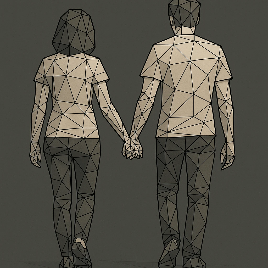 couple walking side by side, holding mesh hands. emoji