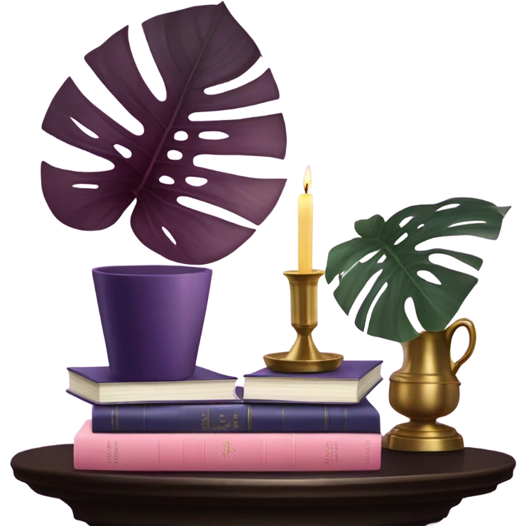 An elegant still life featuring a stack of light and dark violet books, a pink monstera plant, and a brass candle holder. emoji