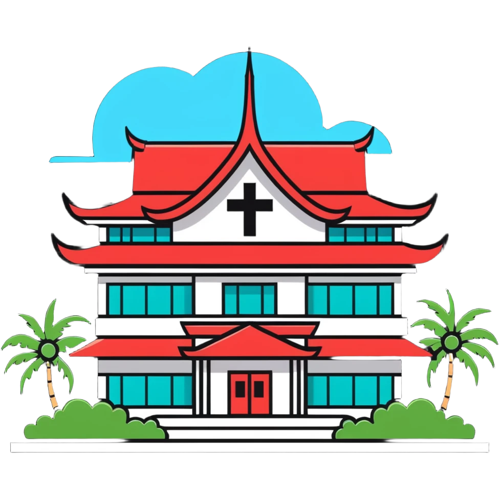 Modern Thai hospital building with traditional Thai roof elements, medical cross symbol, palm trees emoji