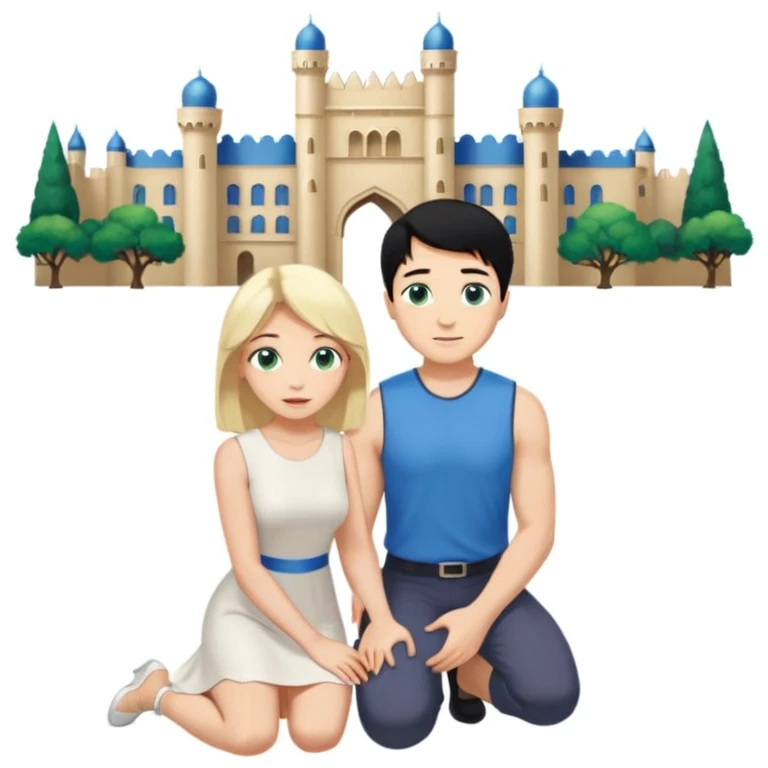 Man as prince, upright, black Hair, blue eyes, woman, blonde, green eyes, shott white sleveless Dress, kneeling, background palace emoji