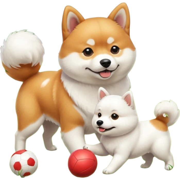 2 dogs, a ginger shiba inu and a small white dog breed coton de tulear, playing with a ball in a sunny garden emoji