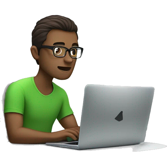 white guy with dark brown hair square glasses typing in laptop wearing green t-shirt working in call center emoji