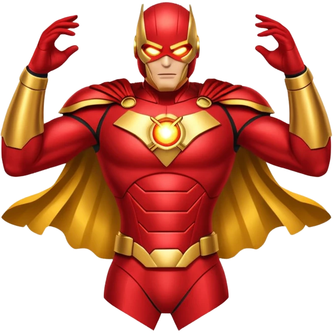 "A high-quality die-cut sticker of a tech-based armored superhero in a dynamic flying pose. Vibrant red and gold metallic plating, glowing circular chest piece, thick white border, flat vector art style, white background." emoji