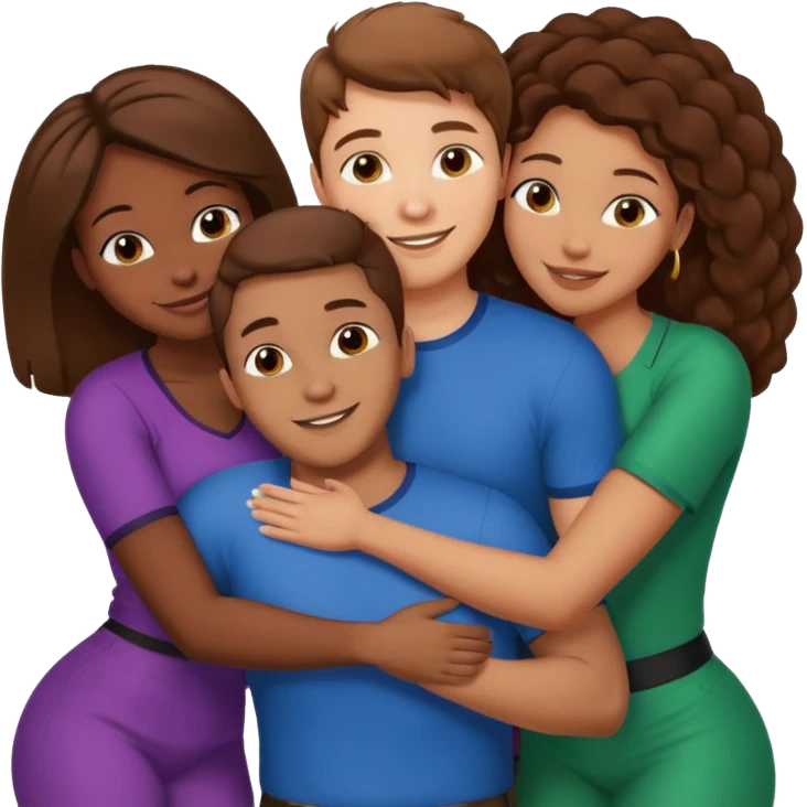 One American Italian young man with brown hair surrounded by three african women with large butts hugging him and each other while massginghis shaft emoji