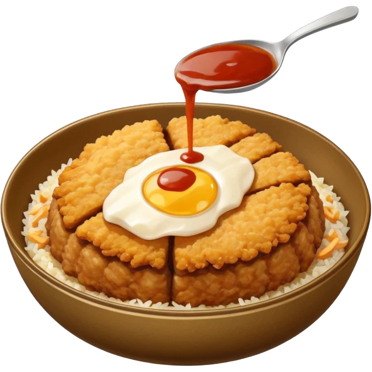 katsudon in a bowl: bowl filled with rice, a bit of sauce over the rice and a breaded pork cutlet emoji
