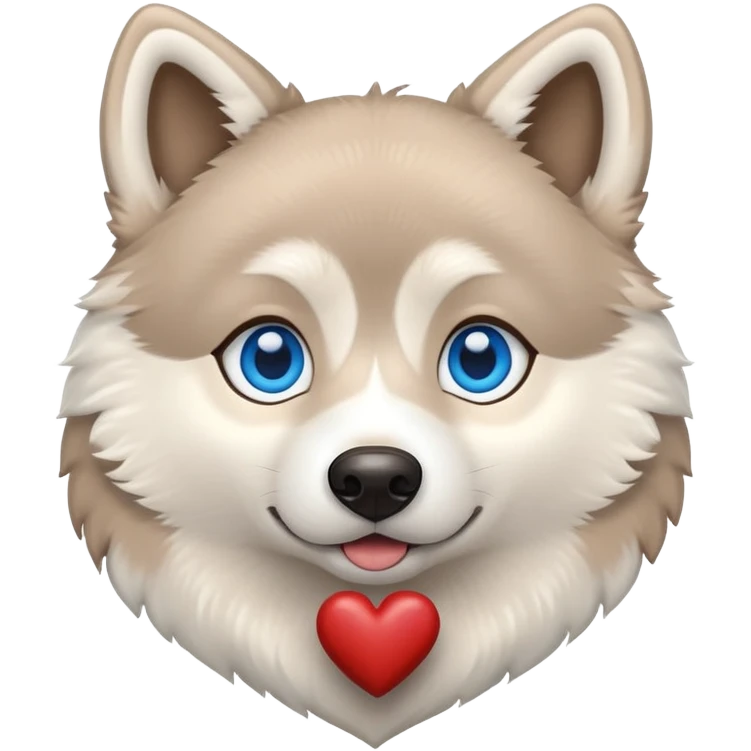 Beige husky with blue eyes holding a brown heart emoji