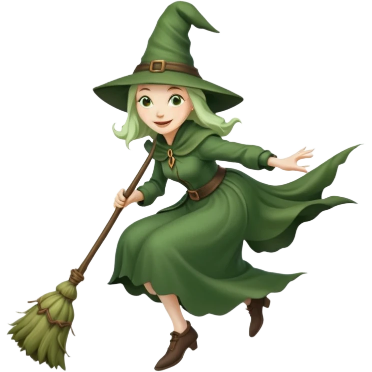 Traditional green old witch flying on a broom emoji emoji
