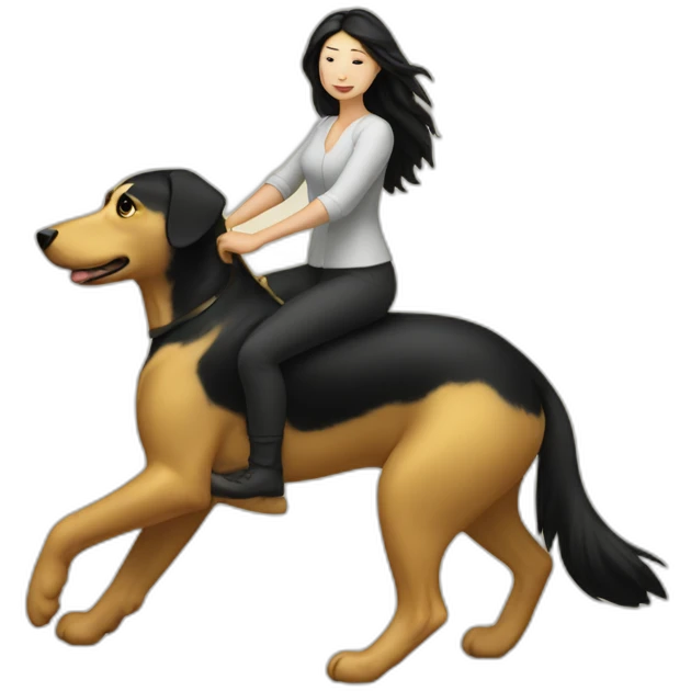 White woman with a black hair ridding a golden dog emoji