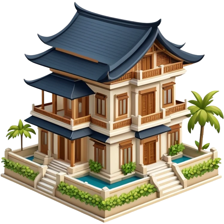 Balinese mansion, isometric dollhouse-style, realistic emoji