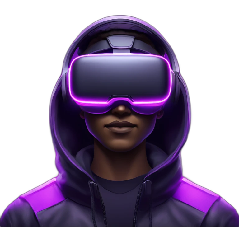 Cyberpunk style. Violet neon. White skin man in the black hoody with violet OMG VR logo on it. Man in vr headset oculus quest 2 emoji