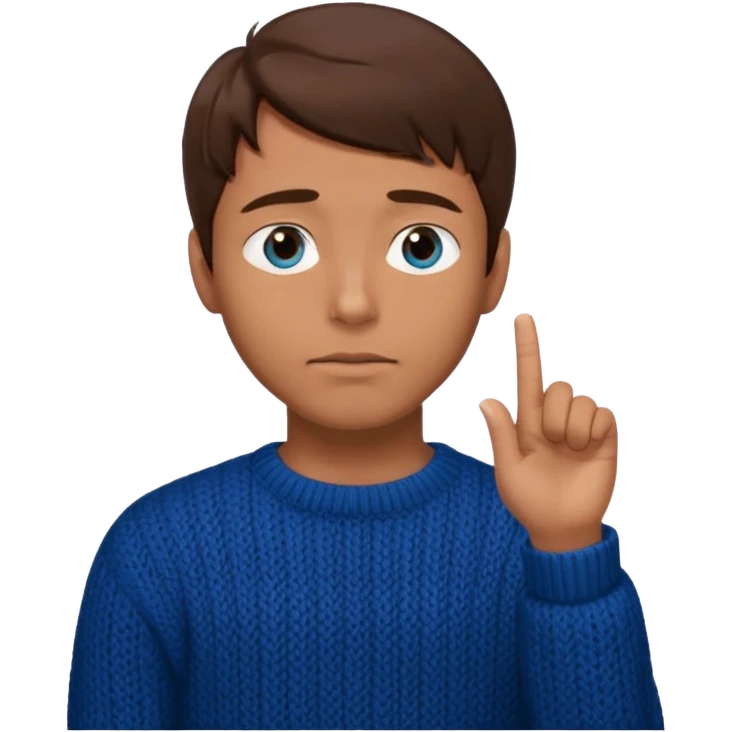 man in black knitted sweater in thinking pose, blue eyes brown hair, index finger touching his chin, eyes looking up to the top right emoji