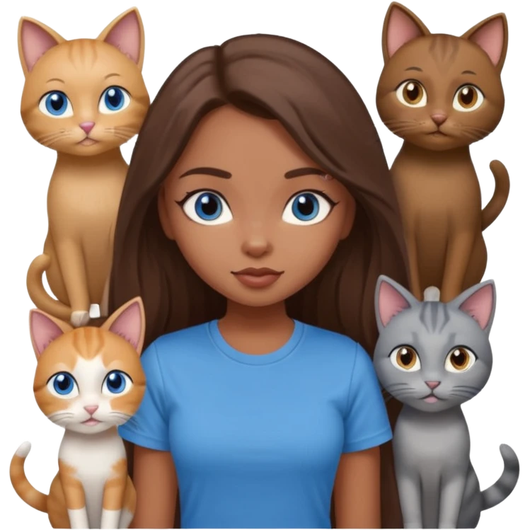 a pretty bratz dusky girl with long brown hair, blue eyes with six cats nd wearing a grey tshirt emoji