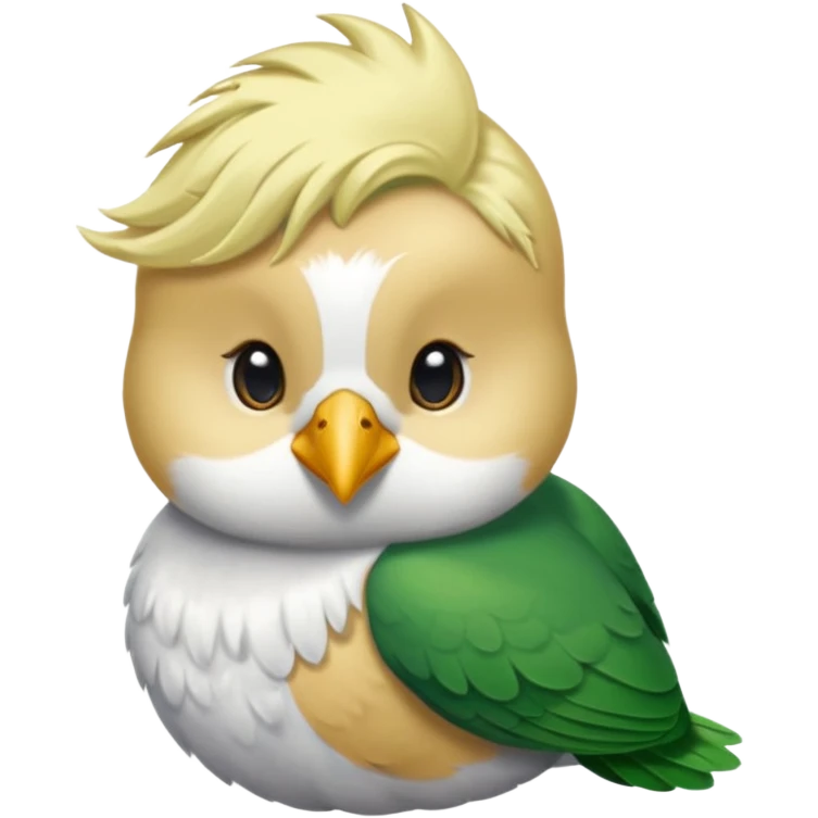 un oiseau classique de profil tout vert même sa tête  et un seul poil blond qui fait une petite bouclette sur le front avec le collier argenté avec des ronds attachés au collier est autour du coup de l’oiseau entre la tête et le corps emoji