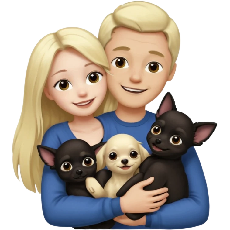 Hombre con pelo largo rubio chica de pelo negro  oscuro  y chihuahua negro amor emoji