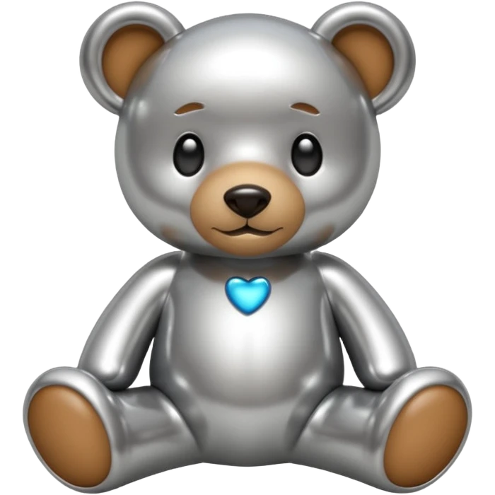 A cute teddy bear emoji made of liquid silver chrome, smooth rounded body, glossy metallic surface, soft reflections, friendly proportions, iOS emoji style, centered, clean white background emoji