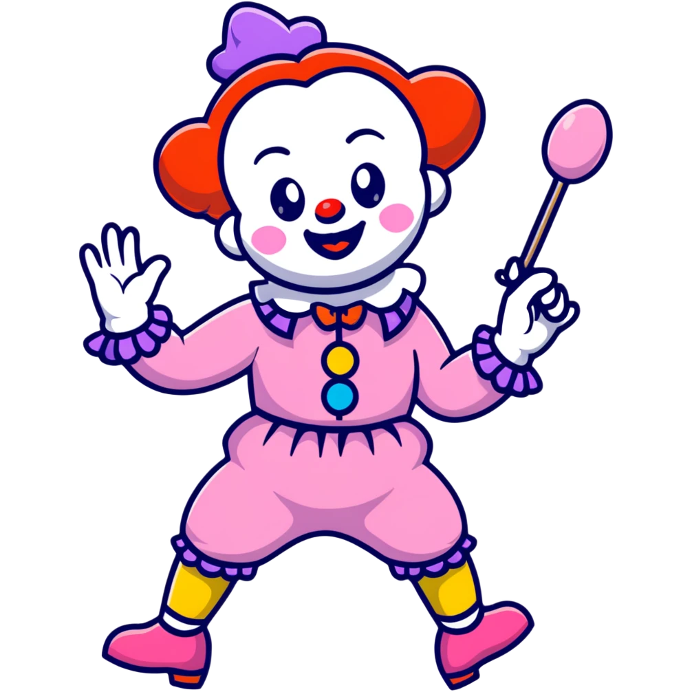 Chica bailando con sonajeros vestida de payasa rosa palo emoji