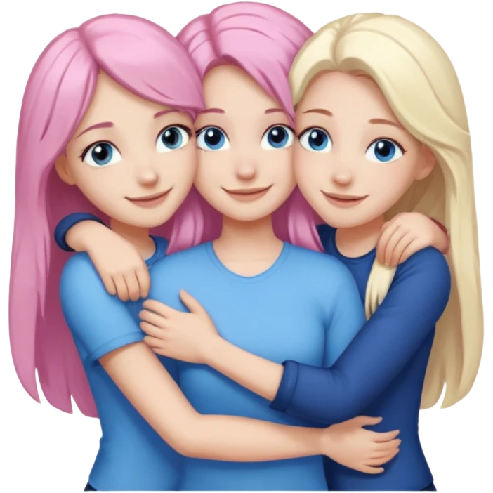 four white grips hugging and smiling    2 girls with brown eyes and long dark brown hair. One girl with long light pink hair and blue eyes, one girl with blue eyes and light blonde hair emoji