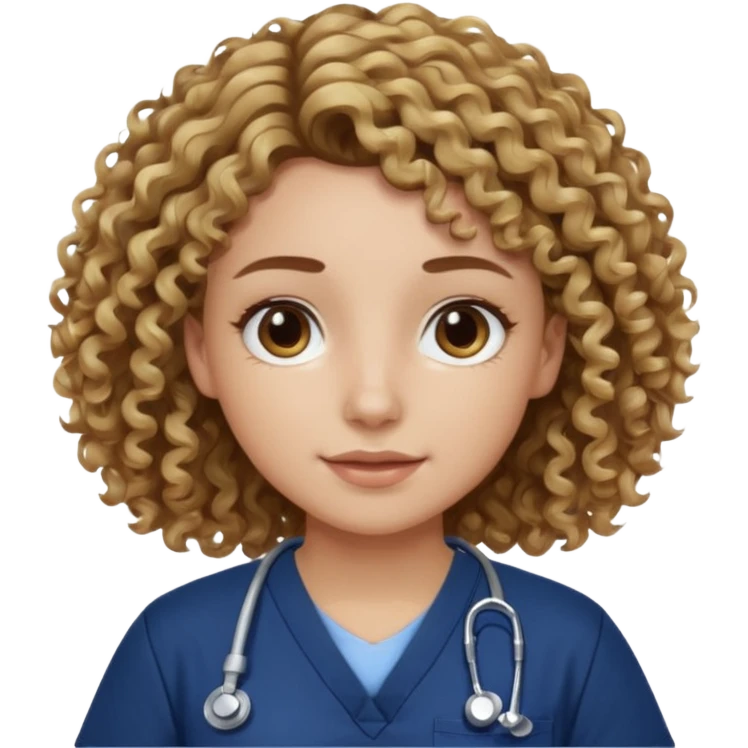 Curly brown hair with blonde highlights and a navy blue scrub top emoji