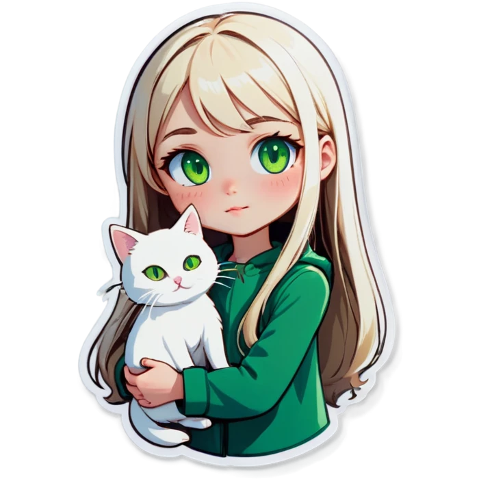 A pale girl with long blonde straight hair and green eyes holding a small white cat emoji