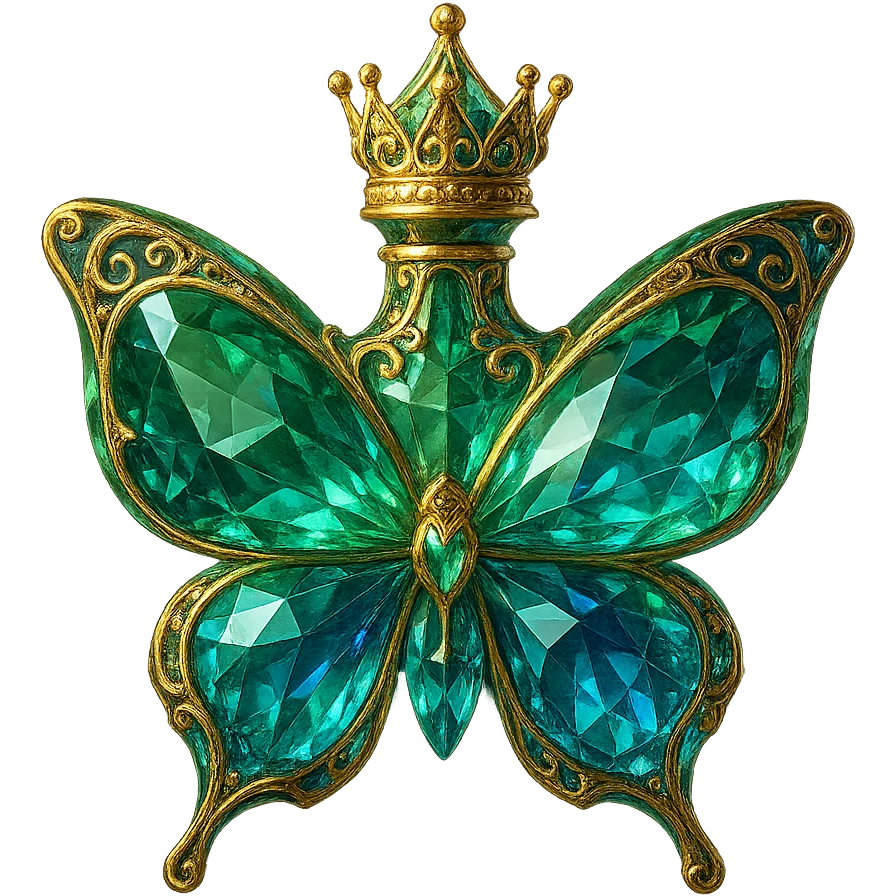 elegant crystal butterfly-shaped bottle with short neck and princess crown, green and blue colors, many facets, glowing, ornaments, golden details, transparent background, floating in air, very close to the original emoji