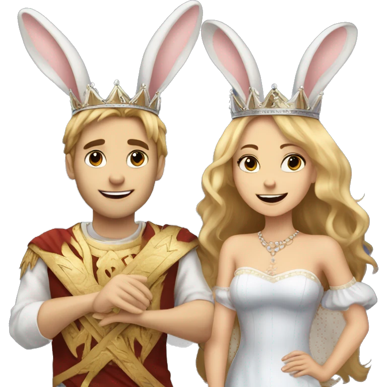 Two rabbits a girl and boy they both have crowns on because they are a queen and king. Boy has blonde hair, girl has long brown hair. They are holding a sign saying Team Bunny Forever  emoji