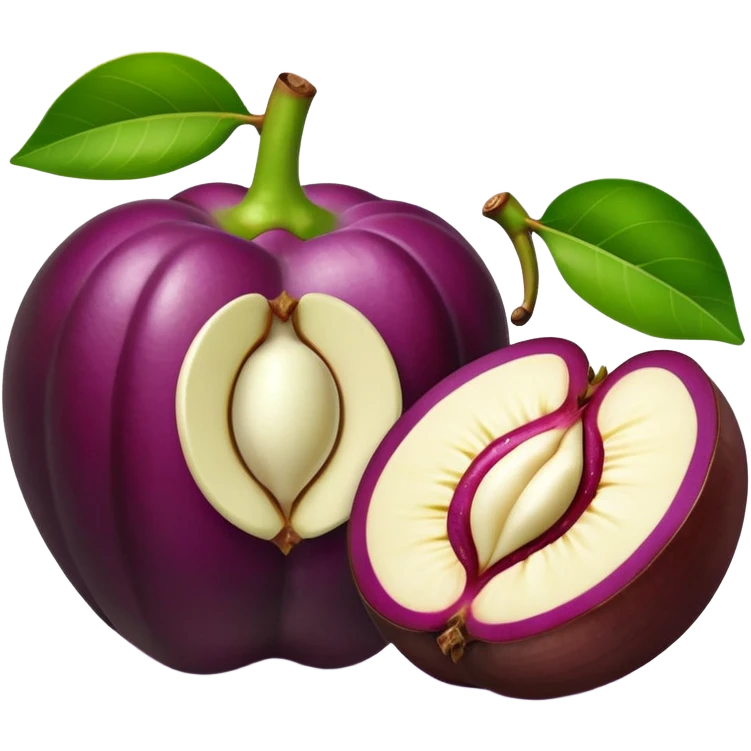 whole mangosteen with thick deep purple rind and green segmented calyx on top, next to a halved fruit revealing glossy white segmented flesh inside, soft juicy interior, firm outer shell, no leaves plate or extras, apple emoji style, soft lighting, subtle shadows, transparent background, emoji scale emoji