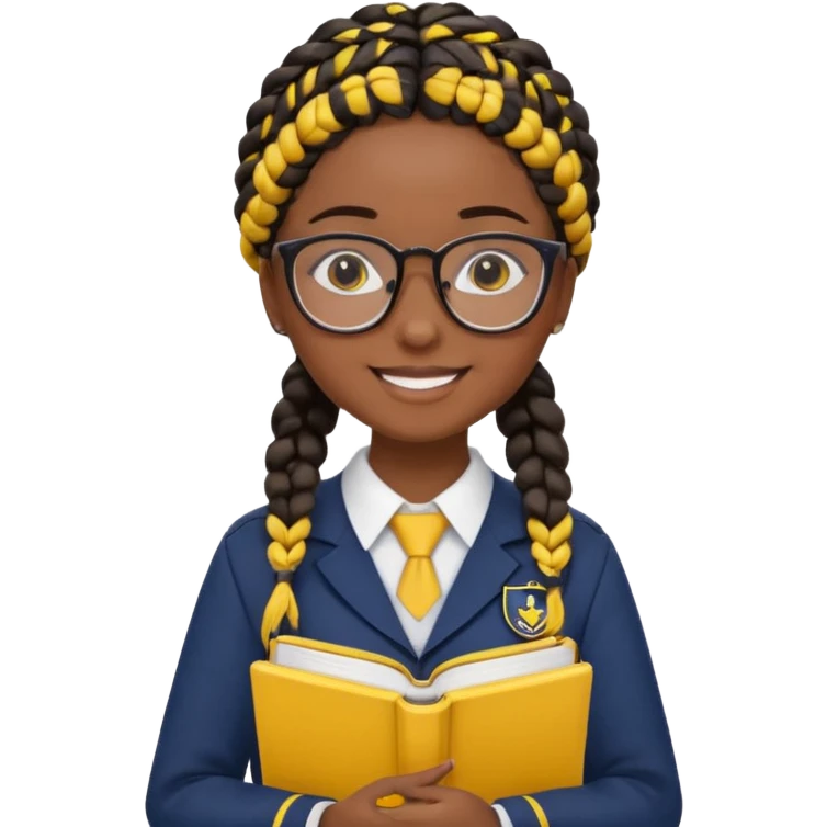 Girl student wearing uniform, glasses, hold yellow book in front of their chest, black braided hair, dark skin emoji
