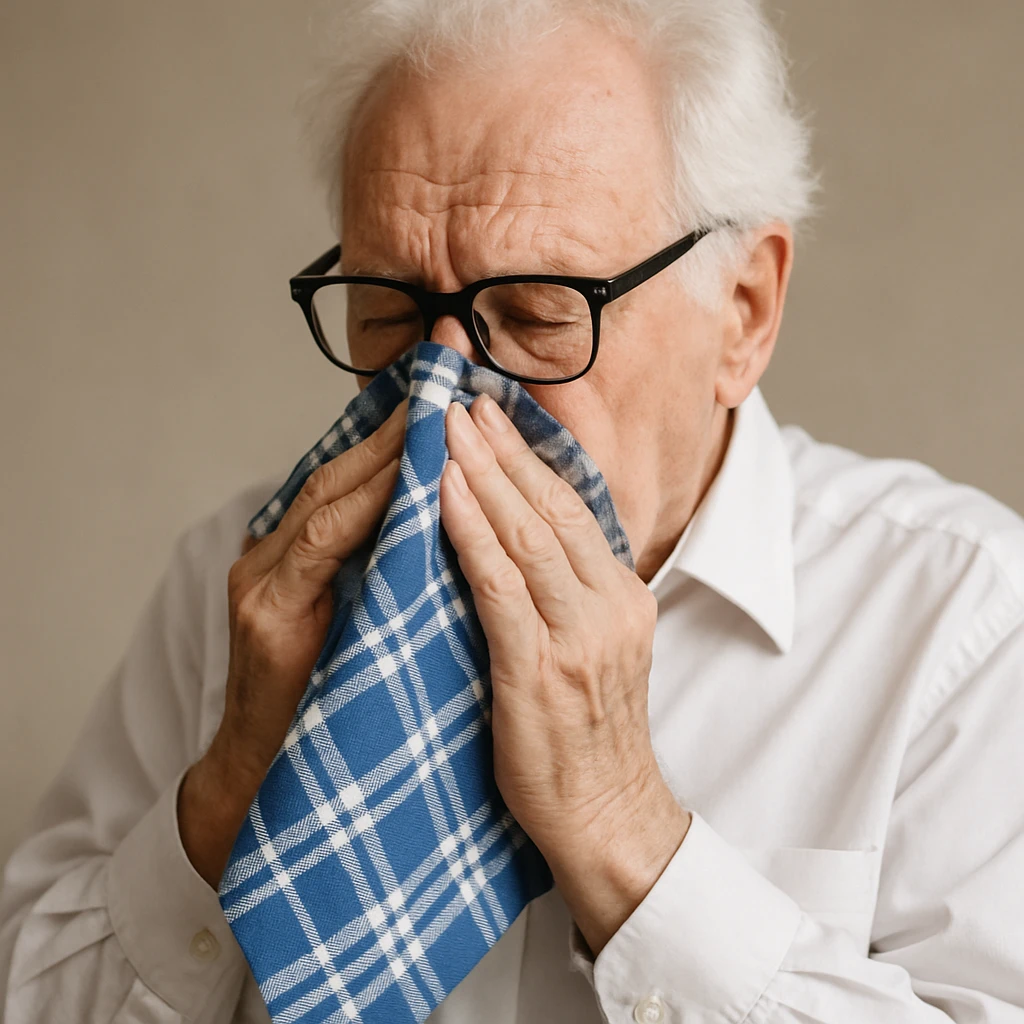 old man with white hair, white skin, black-framed glasses, wearing a white shirt, blowing his nose on a large thick blue and white checkered handkerchief emoji