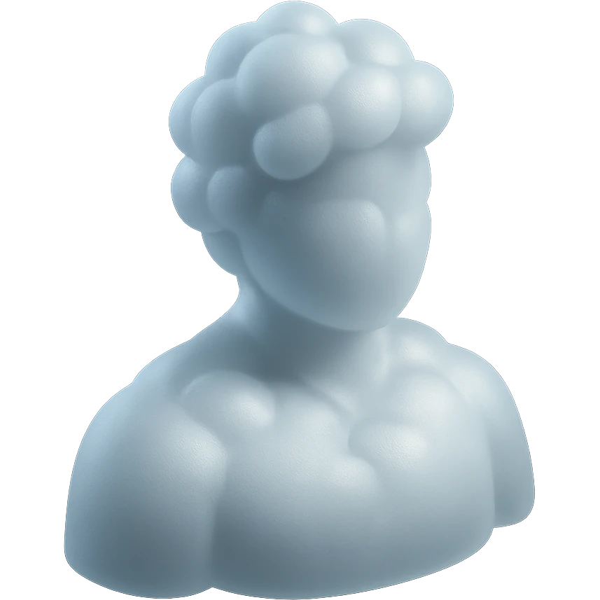 person made entirely of pure white puffy clouds, shoulders up, front view, matte glass style emoji