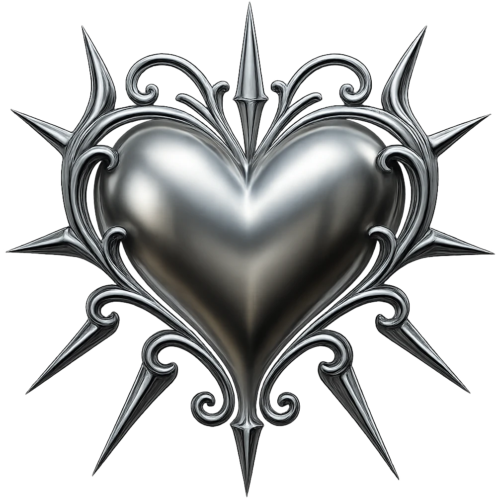 Add sharp metallic spikes to the black gothic heart in chrome 3D style, maintaining the shiny metallic chrome look with no background. emoji