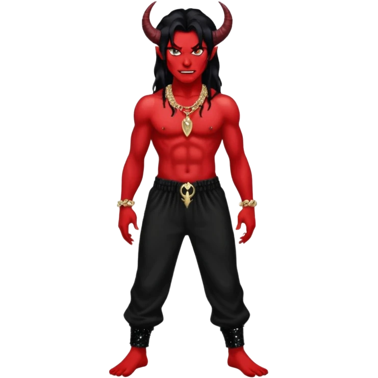 Satan with red skin, long black hair, black sequin baggy pants, shirtless with necklace emoji