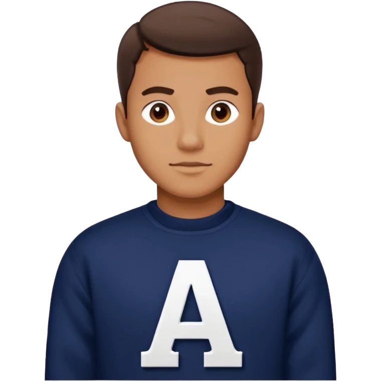 man wearing a dark navy sweater with a giant white letter A on the upper right of the chest in collegiate font emoji