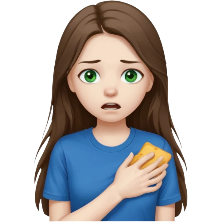 Cute girl with pale skin, long brown hair, dark green eyes and blue t shirt who is chocked emoji