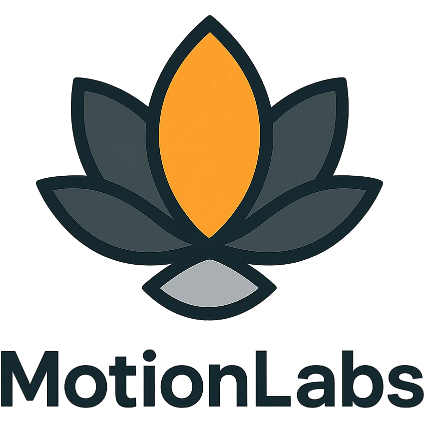 modern luxury logo for MotionLabs with abstract lotus, colors #ffa31a, #808080, #292929, dark background emoji