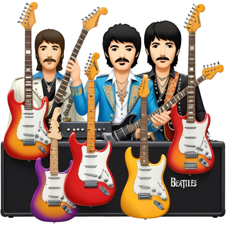 Rock music icon: collage of legendary rock stars—The Beatles, Jimi Hendrix, Elvis Presley, Queen, Nirvana, Led Zeppelin. Electric guitars, amplifiers, and microphones surrounded by vibrant stage lights and musical notes. Transparent background. emoji
