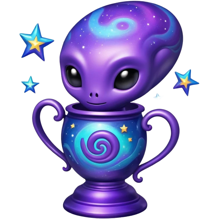 An alien trophy with cosmic colors, deep purples and blues, galaxy swirls, and tiny stars embedded in the design emoji