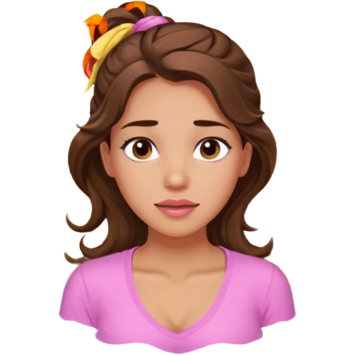 girl with wavy long ponytail brown hair, brown eyes, light to medium complexion, long lashes, light pink lipstick, wearing light pink shirt, in a sauna emoji