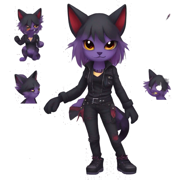 Cute cool dark black red purple animal hybrid Fakemon full body punk catgirl emoji