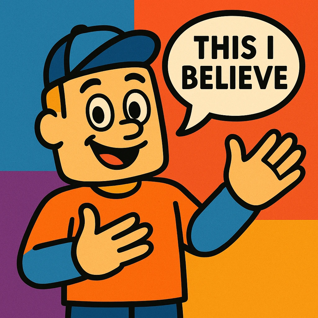 a mascot with a speech bubble saying 'This I Believe,' open hands, friendly face emoji