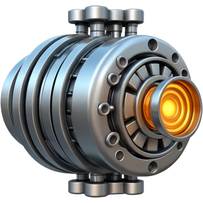 Dynamic high-mass futuristic engine emoji with thick metal housing, rotating components, glowing core, modern tech design. emoji