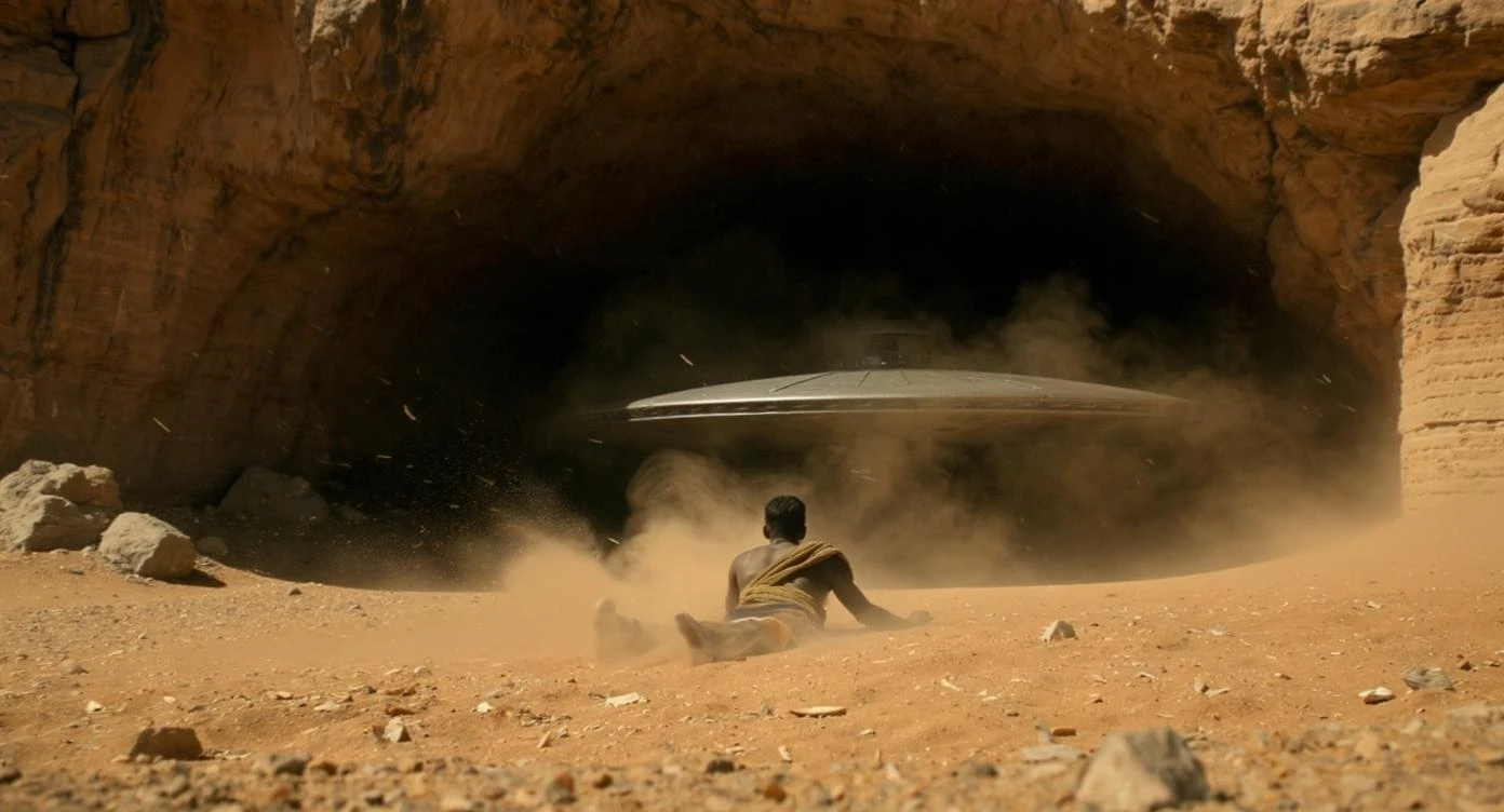 cinematic still, documentary photography, acient egypt, back shot of a man dress in ancient clothes in cave (frame in frame effect) on ground laying front of ufo starship, sand flying around, dynamic scane, leading lines, captured by arri alexa, depth layers emoji