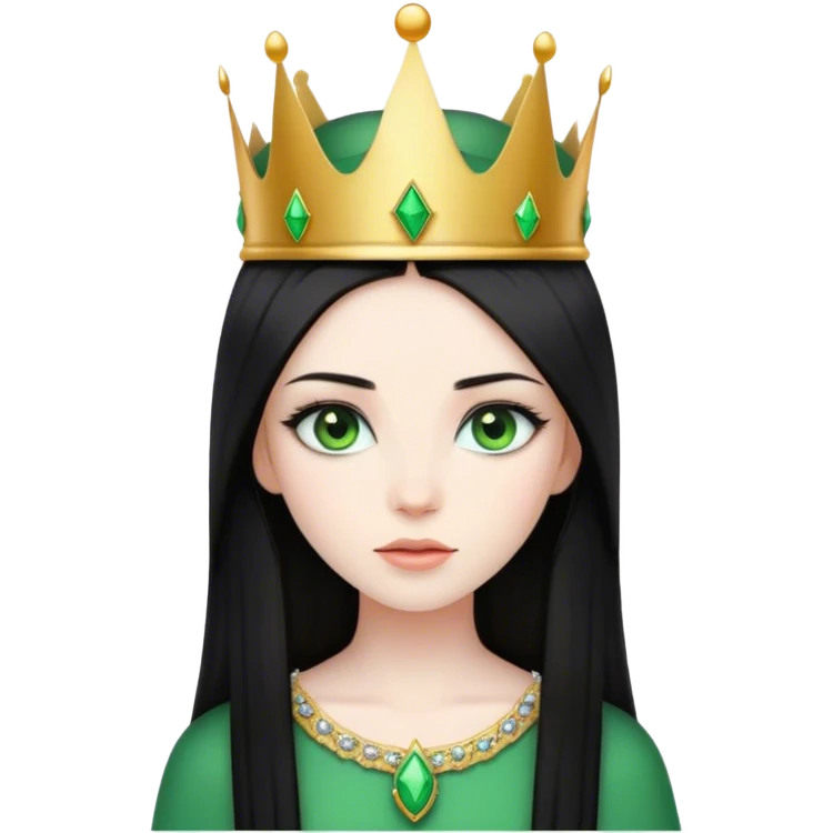 Girl long straight black hair with a crown and green eyes pale skin emoji