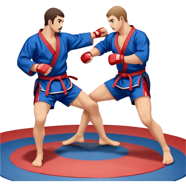 Two Sambo fighters in blue and red kimonos, with shorts and wrestling shoes, performing grappling and throwing techniques. The background shows a wrestling mat and an intense, focused atmosphere. Transparent background highlights the fluidity and skill of the sport without strikes. emoji