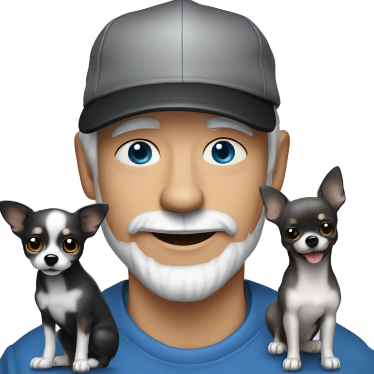 blue eyes gray hair gray goatee man in ball cap holding black longhair chihuahua  emoji